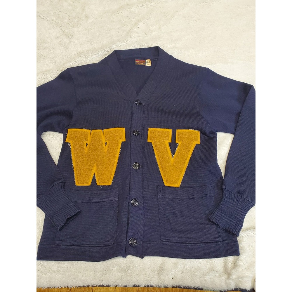 Vintage Wilson Navy Blue Knit W V Yellow Applique Button Cardigan 44 Small Retro